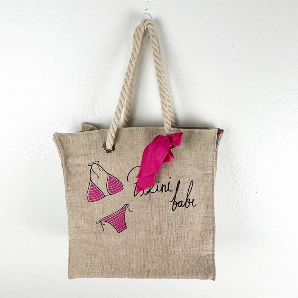 BIKINI BABE Khaki Pink Bow Accents Rope Straps Lined Beach Canvas Tote